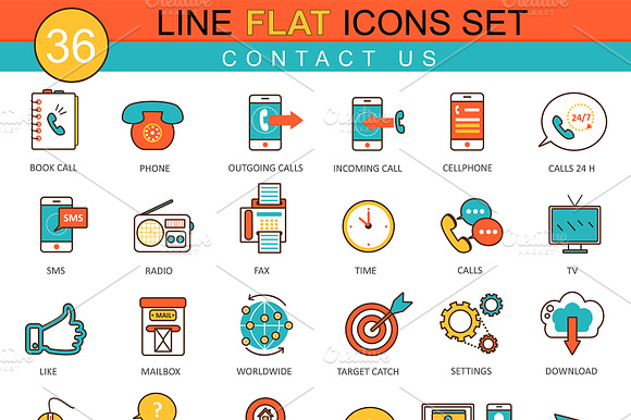 36 Contact Us Flat Line Icon Set.
