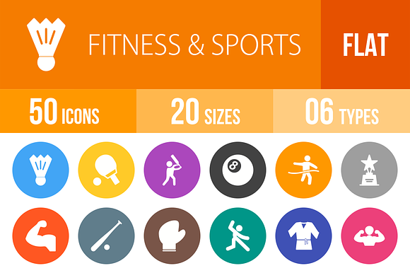 50 Fitness Sports Flat Round Icons
