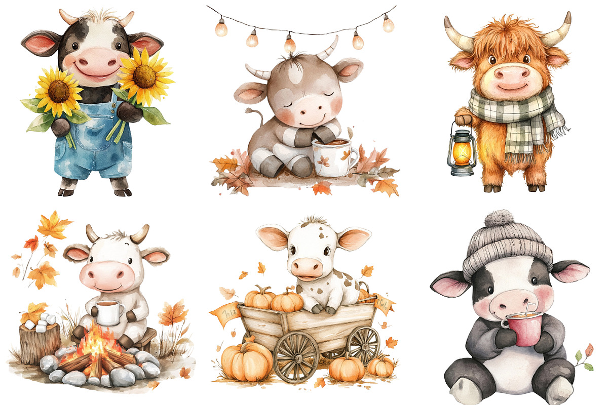 Watercolor Autumn Haighland Cow png, an Illustration by Watercolor design (Photo 4 of 4)