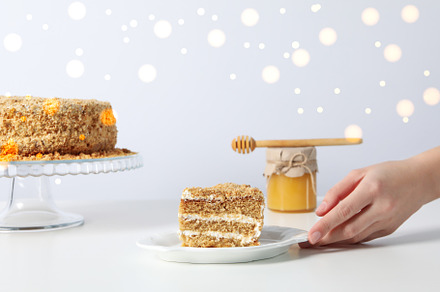 Concept of tasty sweets, delicious honey cake, a Food & Drink Photo by AtlasStudio PRO