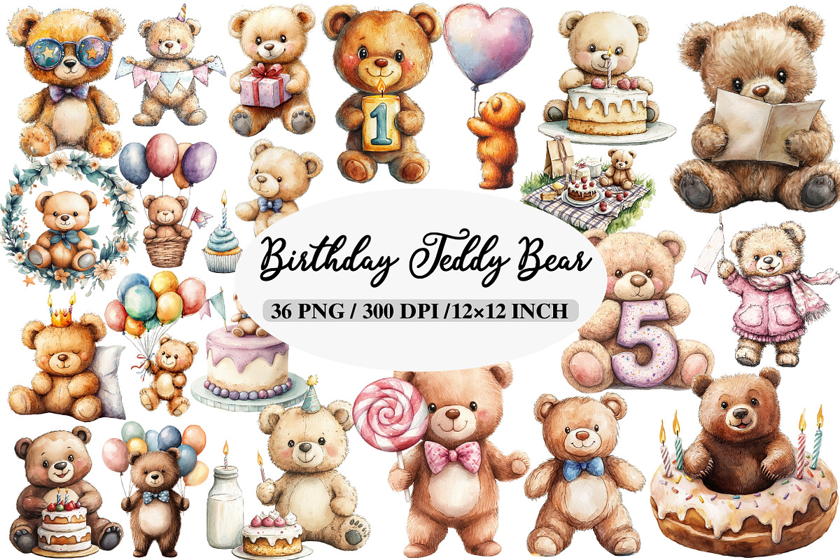 Birthday Teddy Bear Bundle, an Illustration by Daily.Designs (Photo 1 of 5)