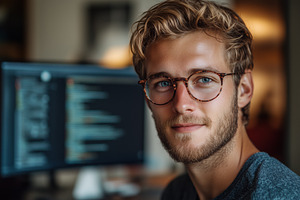 A young man with glasses and a beard is smiling at the camera, sitting in front, a Person Photo by Textures & Backgrounds