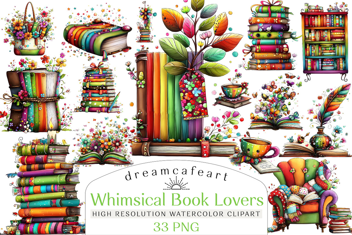 Whimsical Book Lovers Clipart, an Illustration by DreamCafeArt (Photo 1 of 4)