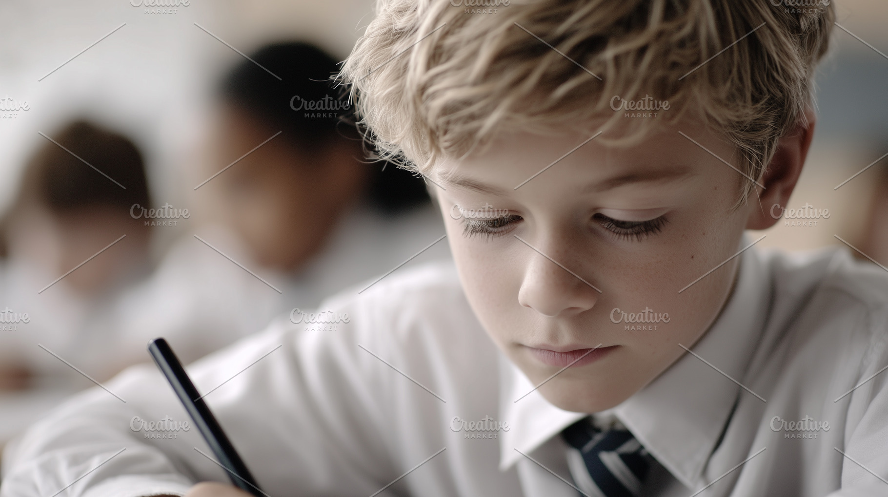 Focused young boy in school uniform, a School & Education Photo by MistyDay