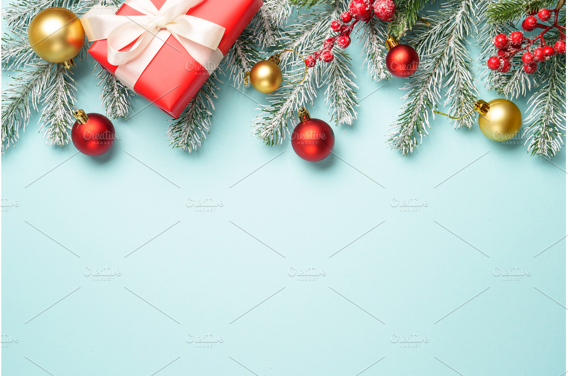Christmas present with decor on blue, a Holiday Photo by Nadia-nb
