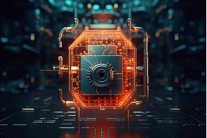Futuristic digital lock surrounded, a Technology Photo by Ungvar Studio
