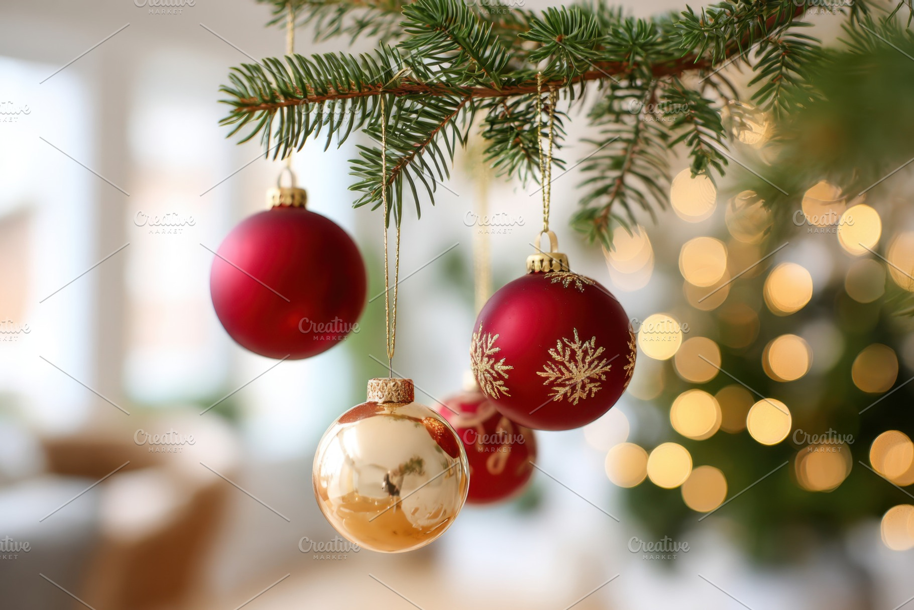 Christmas ornaments hanging on green fir tree, a Holiday Photo by AlyaAnd