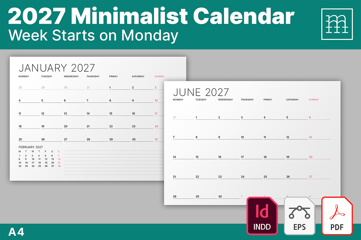 Minimalist Calendar 2027 (MP048-27M), a Stationery Template by mikhailmorosin (Photo 1 of 6)