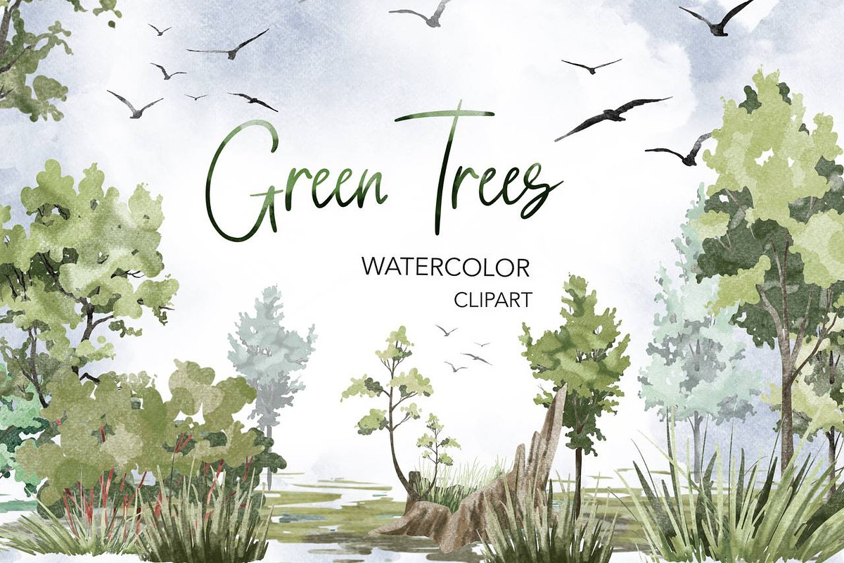 Trees Watercolor clipart. Forest, a Decorative Illustration by NKTKNS (Photo 1 of 8)