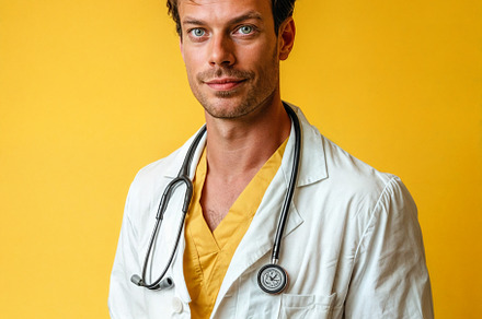 Male doctor in a medical gown, a Health & Medical Photo by Handmadefont