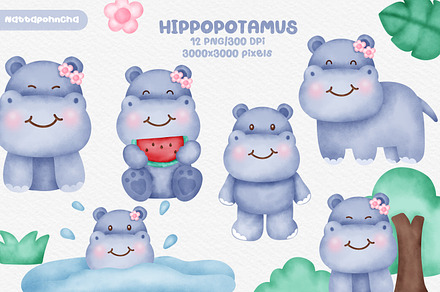 Watercolor cute hippopotamus clipart