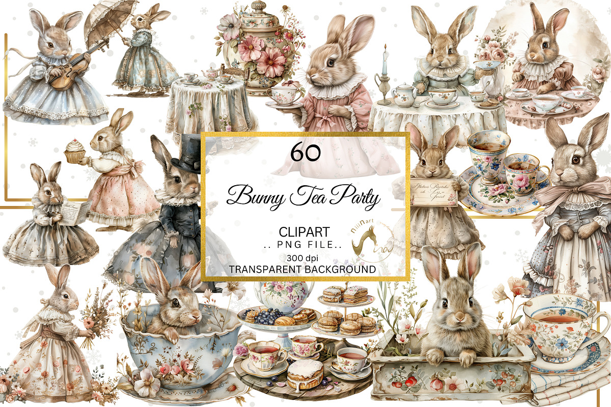 Watercolor Bunny Tea Party Clipart, an Illustration by NiiiNArt (Photo 1 of 10)
