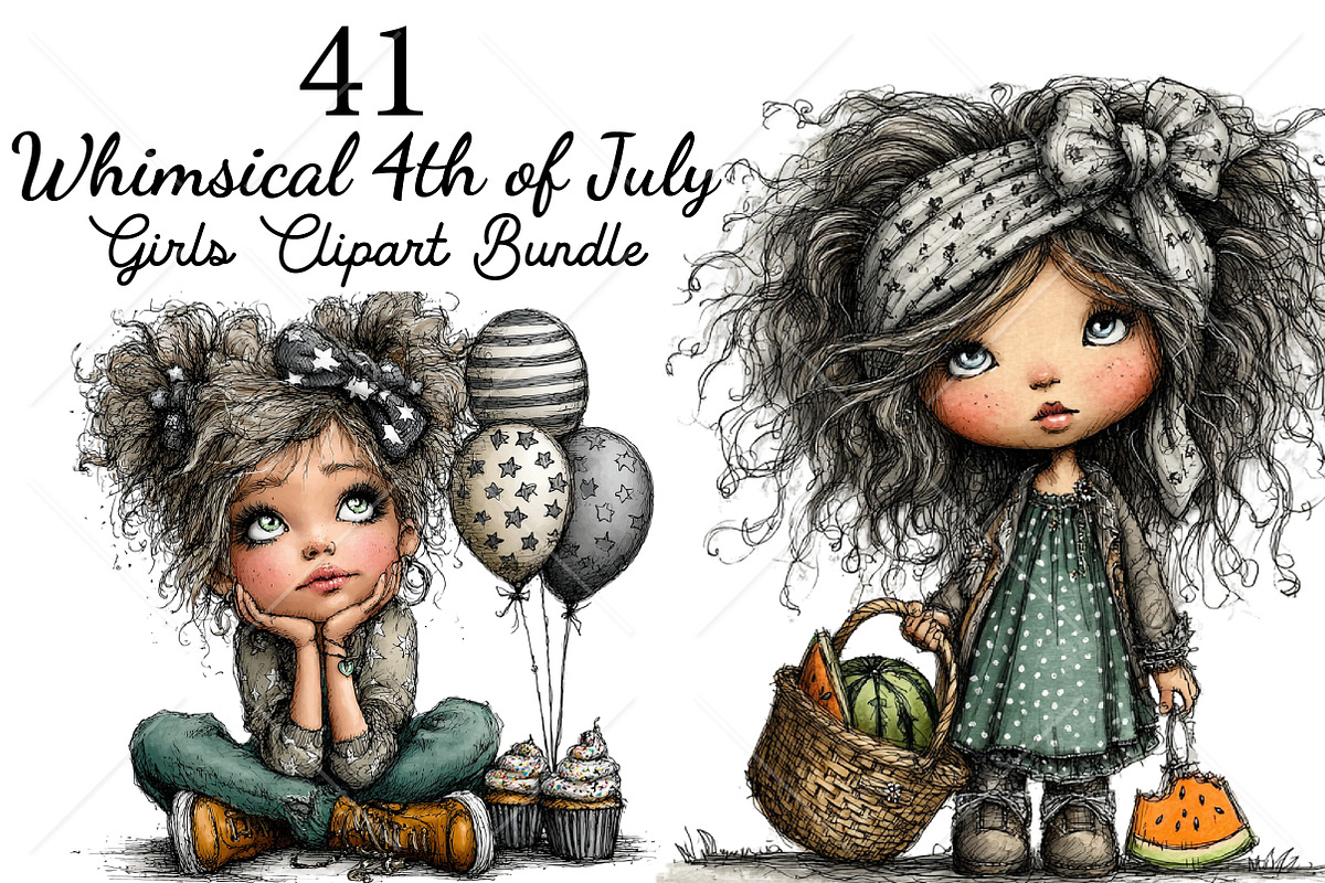 Whimsical 4th of July Girls Clipart, a Seasonal Illustration by Canvas Craft (Photo 1 of 10)