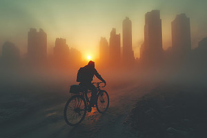 Cyclist rides through foggy cityscap, a Photo by Tanuart