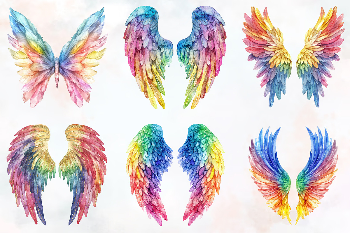 Rainbow Watercolor Angel Wings Png, an Illustration by RobertsArt (Photo 7 of 7)