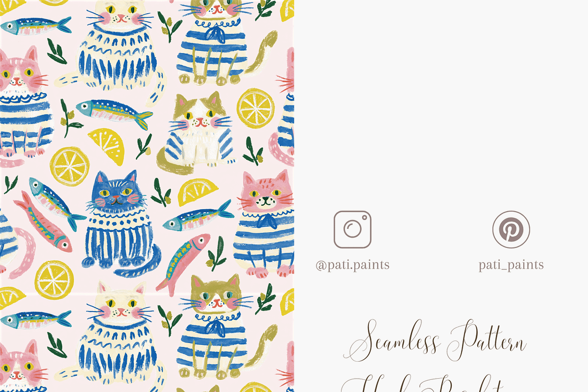 Seamless Cute Cat and Fish Pattern, a Pattern Graphic by Pati Charm Studio (Photo 5 of 6)