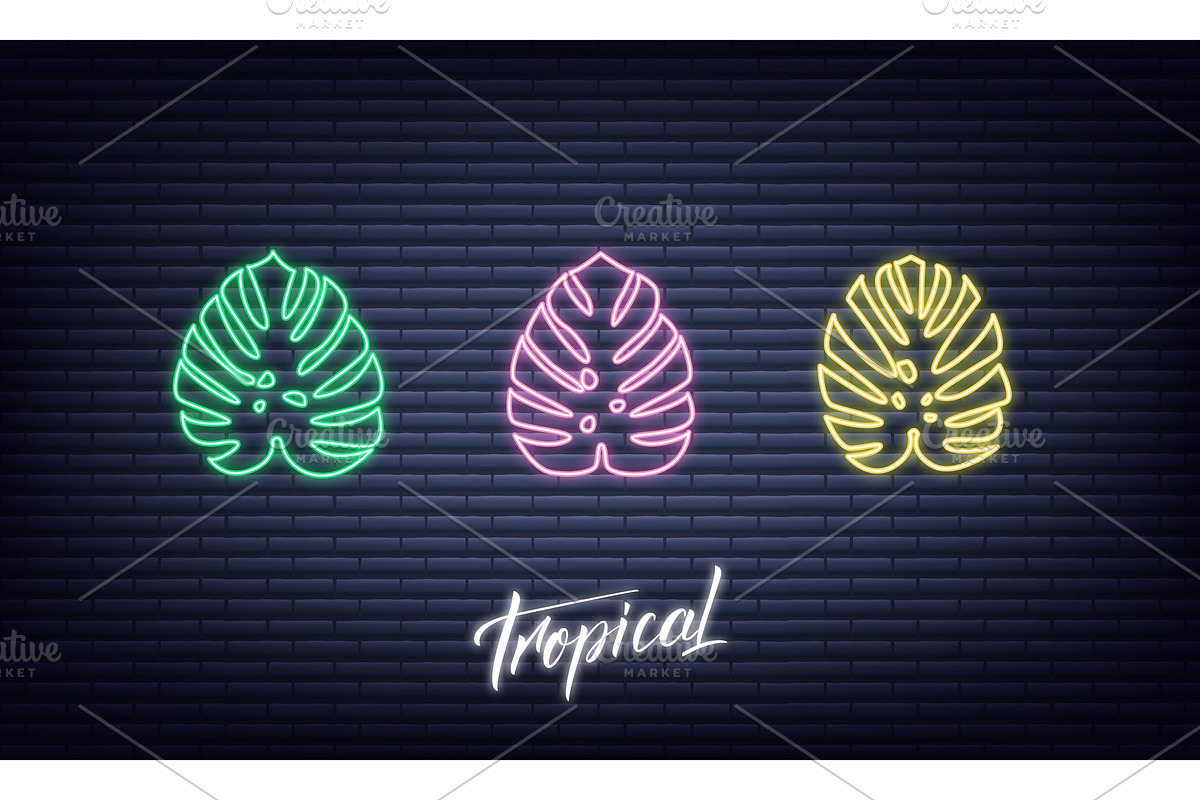 Tropical neon palm leaves. Glowing sign of monstera exotic leaves, an Illustration by Max Letters