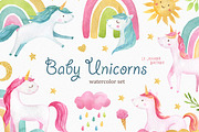 Baby Unicorns Watercolor Set, an Animal Illustration by LeMagiqueBoutique (Thumbnail 1 of 5)