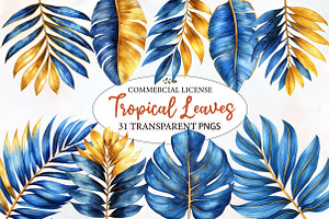 Blue and Gold Tropical Leaves, an Illustration by Designworld