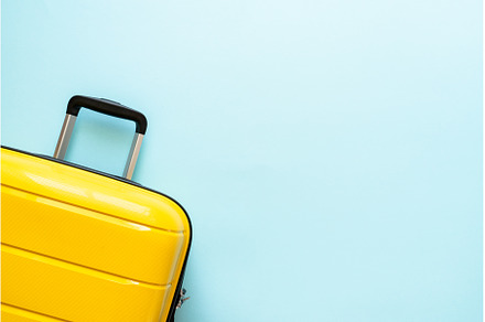 Suitcase on blue background top view, a Holiday Photo by Nadia-nb