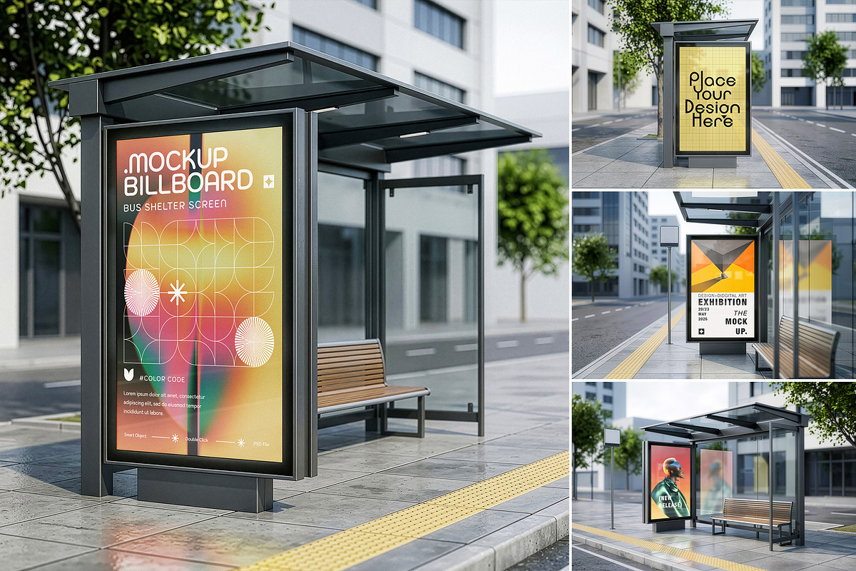 4 Vertical Bus Stop Screen Mockups, an Advertising Mockup by smishura (Photo 1 of 11)