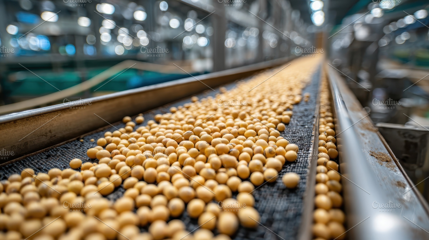 Soybeans on conveyor belt industrial, a Photo by Pixeness Studio