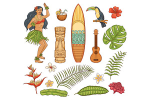 Hawaiian Tropical Vacation Icons Set