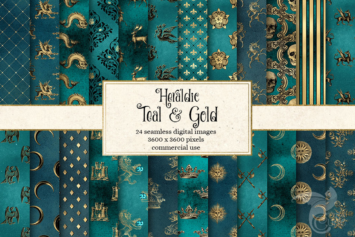 Heraldic Teal and Gold Digital Paper, a Pattern Graphic by Digital Curio