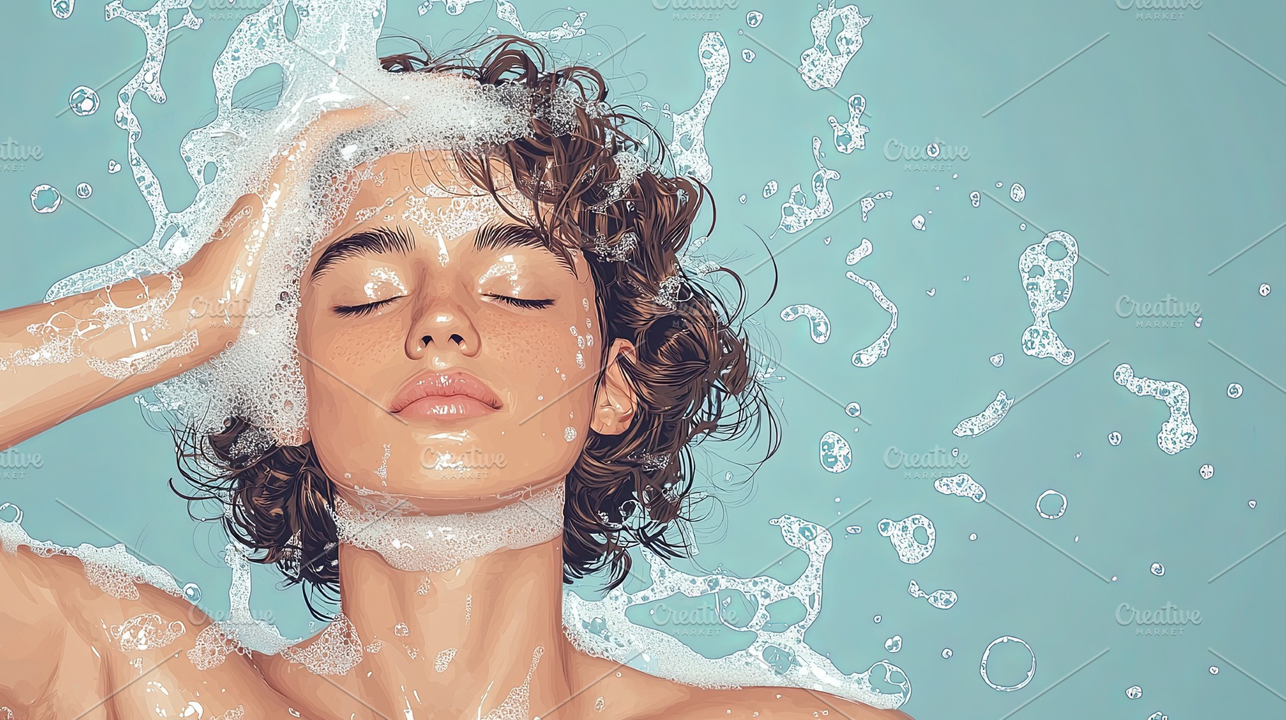 Close up of young person cleansing hair in a refreshing foam-filled shower, a Photo by AS photostudio