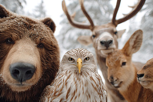 Wildlife gathering in snowy forest showcasing diverse species and their interac, a Photo by AlyaAnd