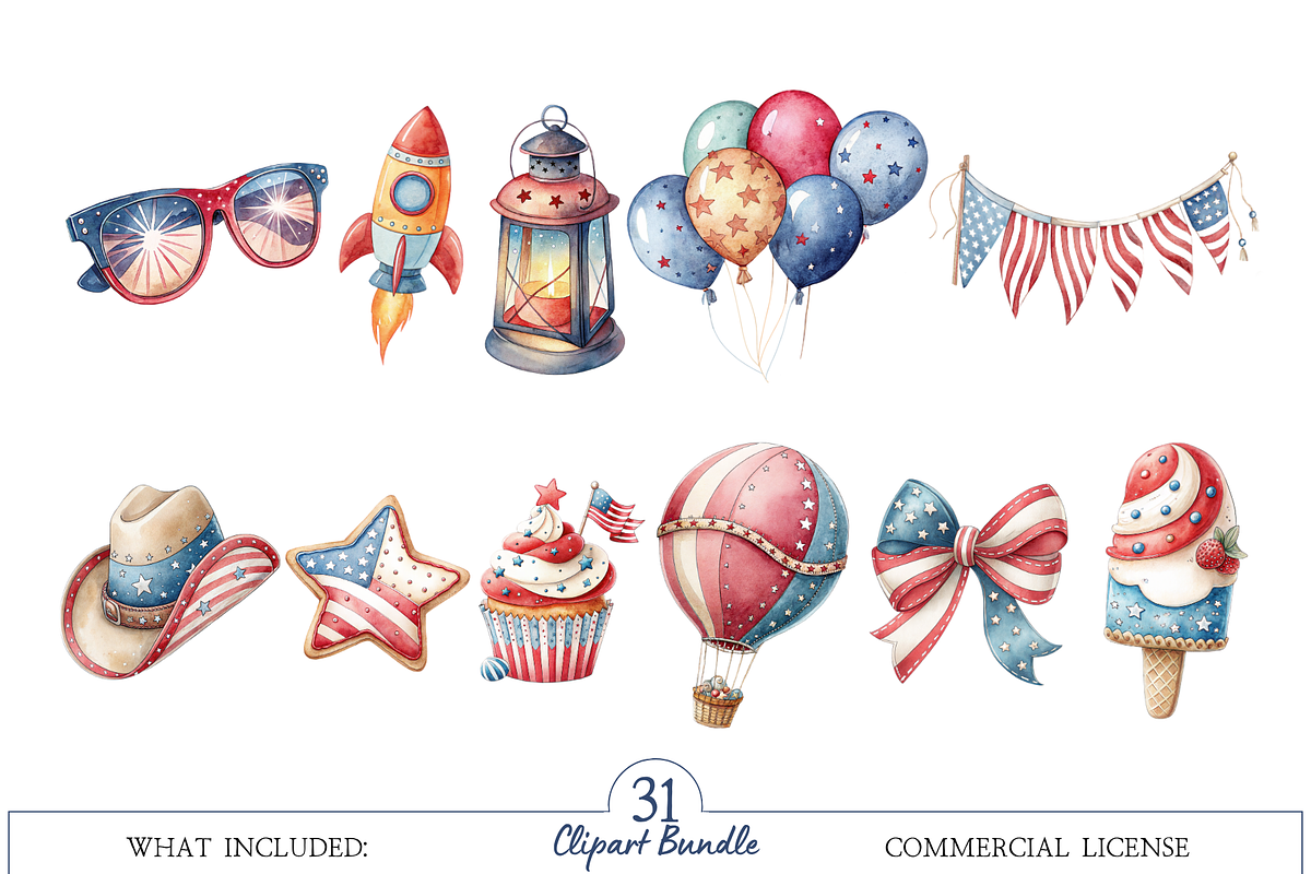 Watercolor 4th of July Kids Clipart, a Decorative Illustration by MockupWizard (Photo 3 of 5)