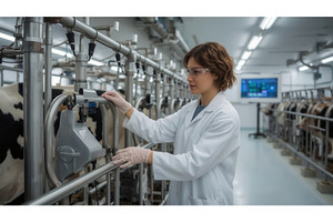 Female scientist in a modern dairy, an Illustration by tilialucida