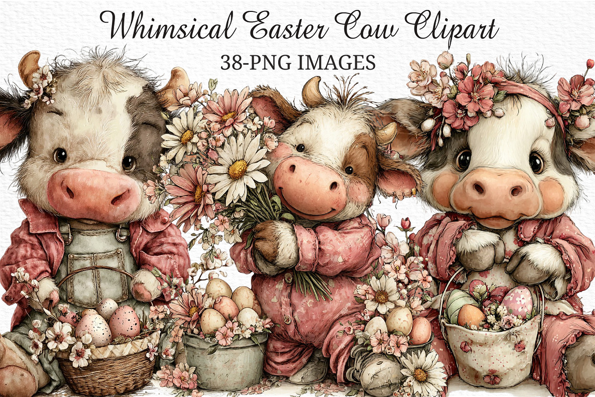 Whimsical Easter Cow Clipart Png, an Illustration by Craft Nest (Photo 1 of 11)