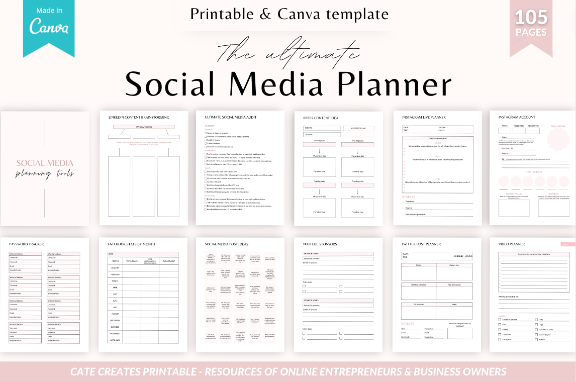 social media planner printable and Canva template