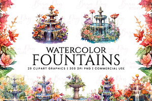 Watercolor Fountain Clipart Bundle