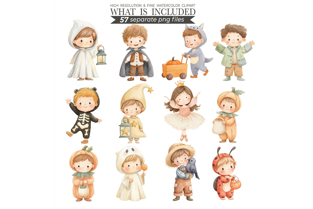 Watercolor Halloween Kids Clipart, an Illustration by CharmClipart (Photo 3 of 8)