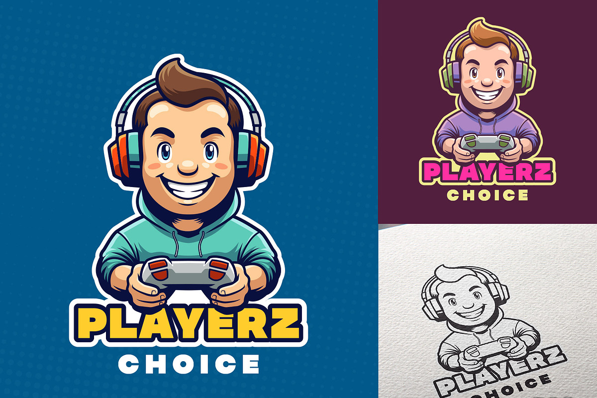 Smiling Cartoon Gamer Mascot Logo, a Branding & Logo Template by Bagstudio Shop