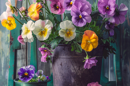 Vintage Potted Pansies on Rustic ai, a Nature Photo by Ocean Digital Art