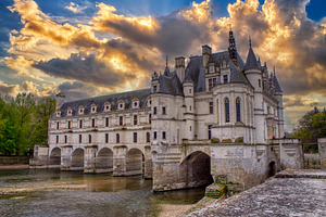 Beautiful Chateau de Chenonceau at dusk over the river Cher, Loire Valley, Fran, an Architecture Photo by CreativePhotoSpain