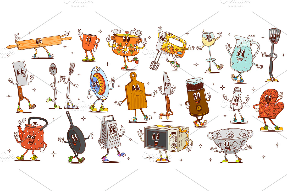 Cartoon groovy kitchen utensil, a Food Illustration by Vector Tradition