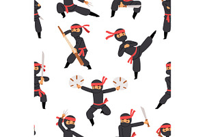 Different poses of ninja fighter in black cloth character warrior sword martial weapon japanese man and karate cartoon person seamless pattern vector., a Person Illustration by Vectorstockersland