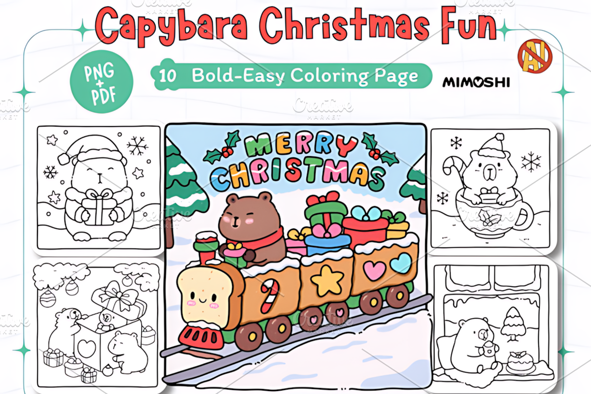 Capybara Christmas Fun Coloring, a Seasonal Illustration by Design Station (Photo 1 of 4)