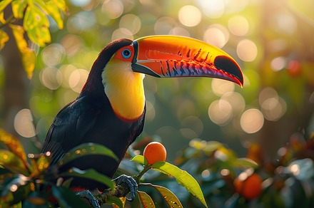 A colorful toucan sits on a branch,, a Photo by LOGOCREATIVE