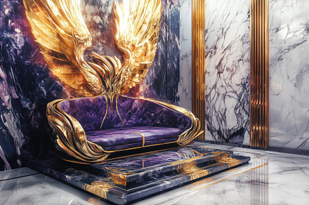 A luxurious sofa with golden wings, set against a marble wall. The sofa feature, an Arts & Entertainment Photo by Textures & Backgrounds