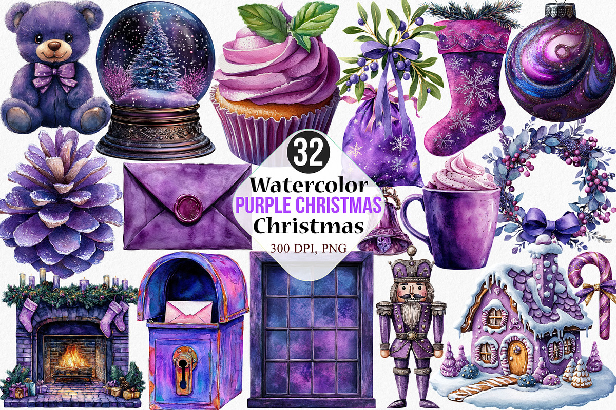 Watercolor Purple Christmas Clipart, an Illustration by Canvas Craft (Photo 1 of 7)