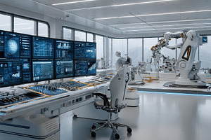 Futuristic robotic factory control r, a Photo by Pixeness Studio