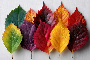Colorful autumn leaves arranged in rainbow order with water drop, a Nature Photo by José Manuel Gelpi