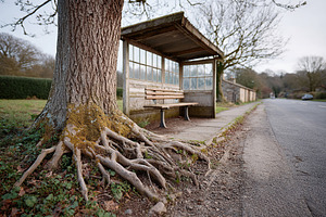 Bus stop enveloped by tree roots in serene countryside setting, a Photo by AlyaAnd