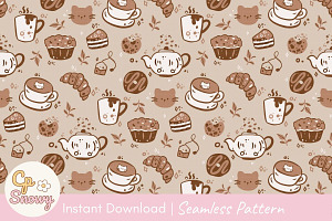 Cozy Cat Tea Time Seamless Pattern, a Pattern Graphic by CpSnowy