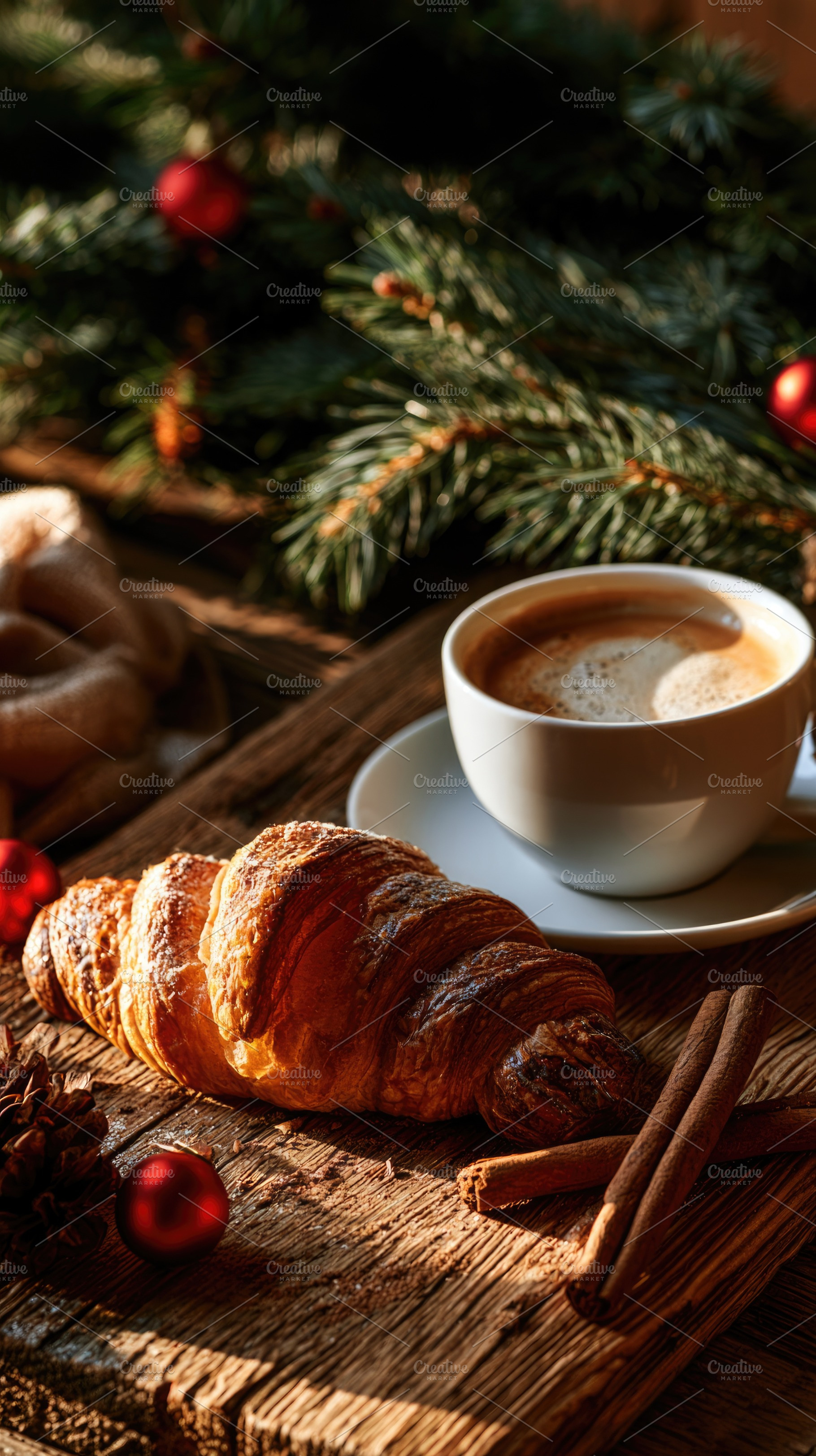 Christmas breakfast with croissant coffee and decorated tree, a Holiday Photo by José Manuel Gelpi
